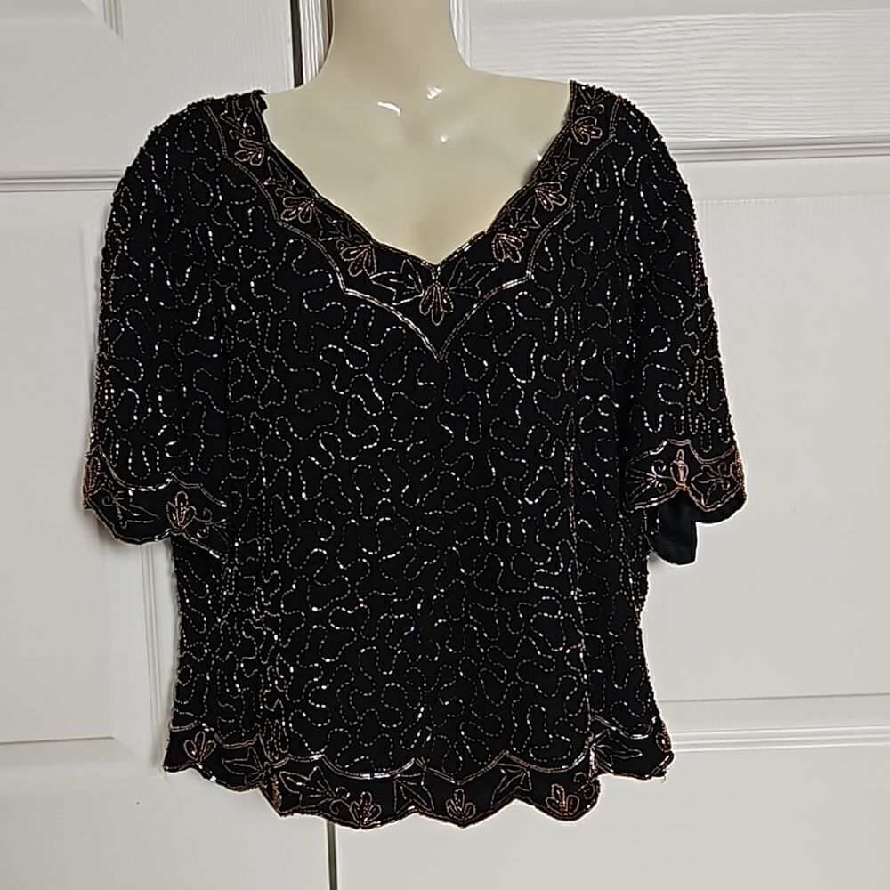 La Madona Women's Scalloped  Beaded Short Sleeves Top Large Black/ Gold